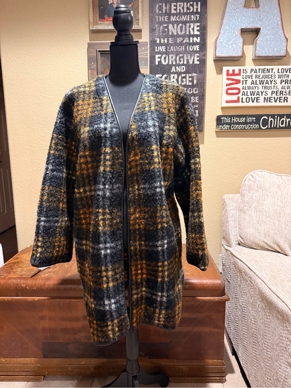 Ava & Viv Black and Mustard Plaid Open-Front Coat